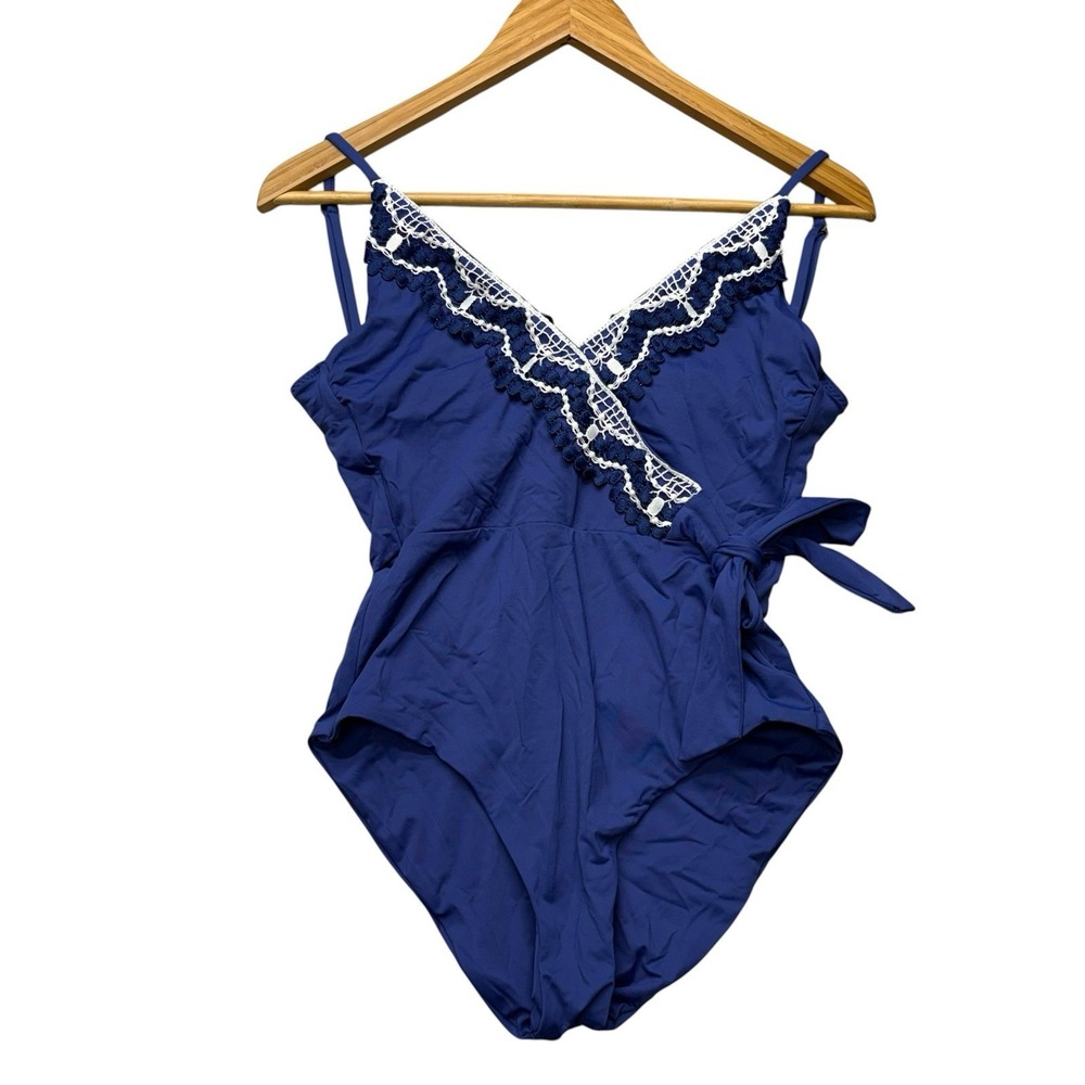 Becca Womens Swimsuit Medium Blue One Piece Swim Crochet Open Back Side Tie